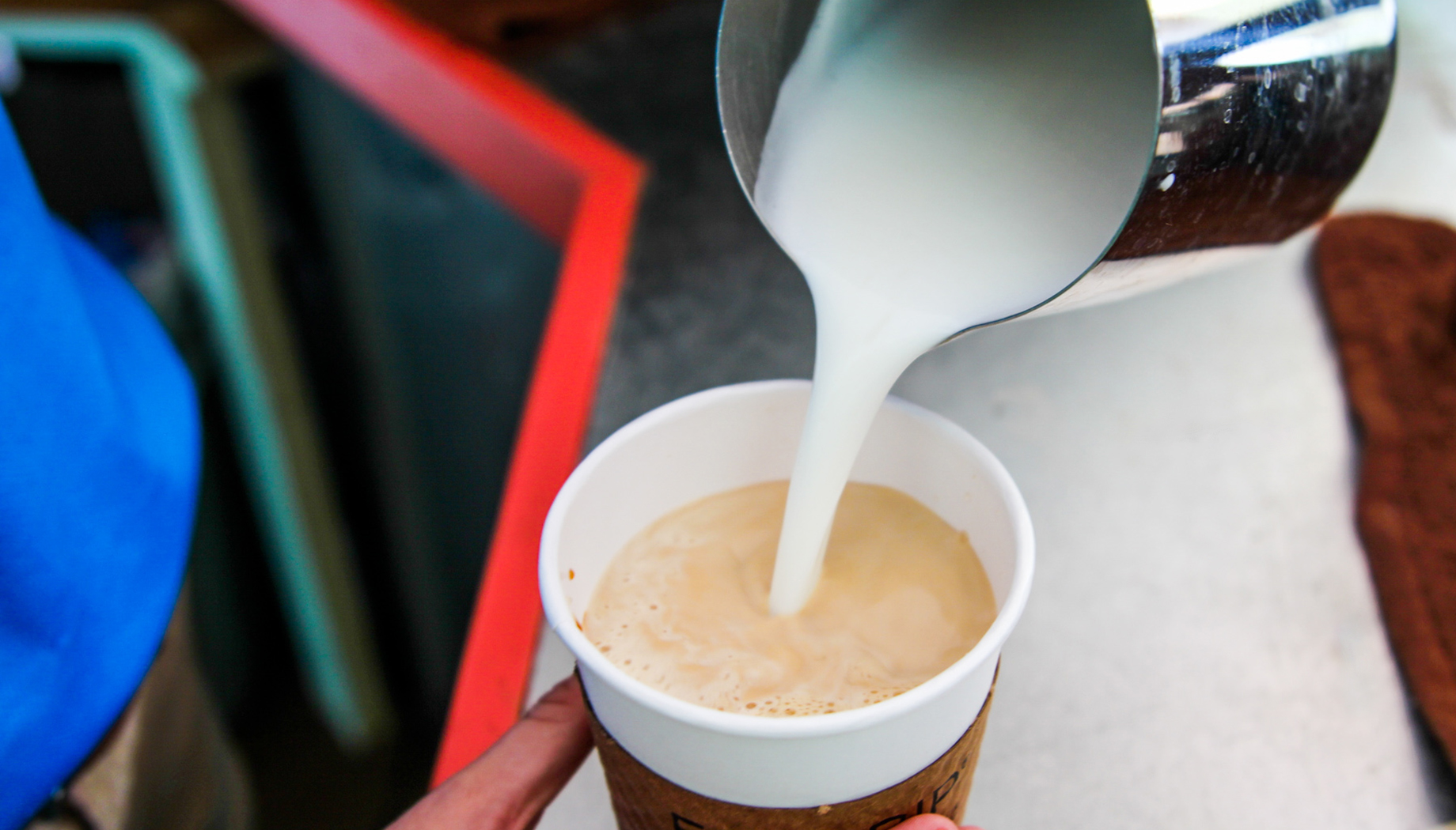 BLOG A hand pours steamed milk from a metal pitcher into a paper coffee cup on a countertop.