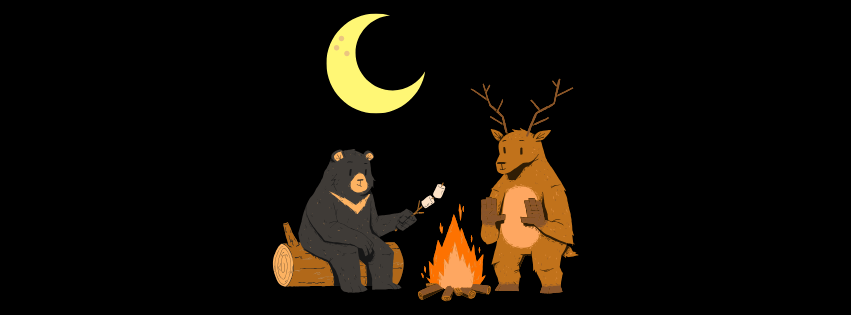spooky campfire stories Illustration of a bear and a deer roasting marshmallows over a campfire under a crescent moon.