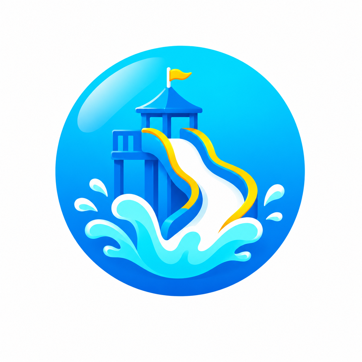 Illustrated blue and yellow water slide icon representing Splashway waterpark fun