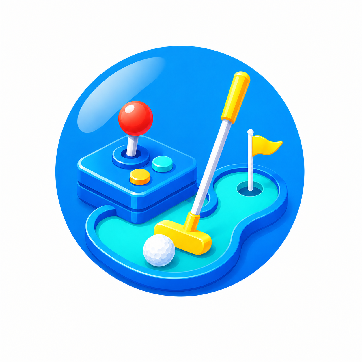 Illustrated arcade joystick and mini golf icon representing arcade play and putt-putt at Splashway